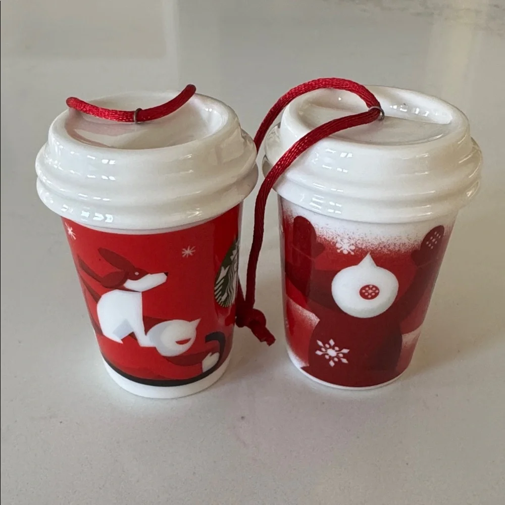 Starbucks Festive Red and White Ornament Duo 2010 & 2011 ✨
